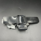 May include: A multi-colored toy with a dinosaur head design. The toy features a silver head with red and yellow accents, a black base, and red details. The design includes intricate patterns and textures, suggesting a mechanical or robotic theme.